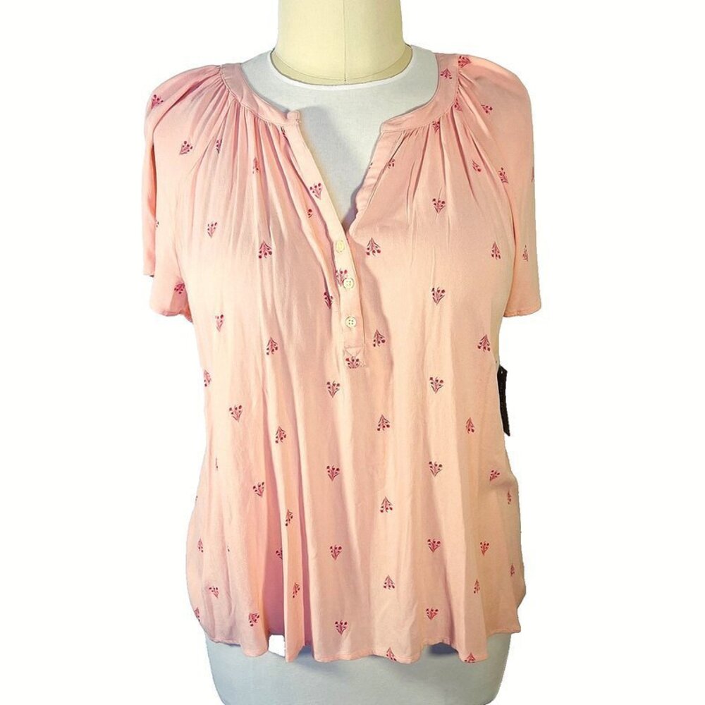 Style & Co Women's XL Short Flutter Sleeve Henley V-Neck Pink Cottage Floral
